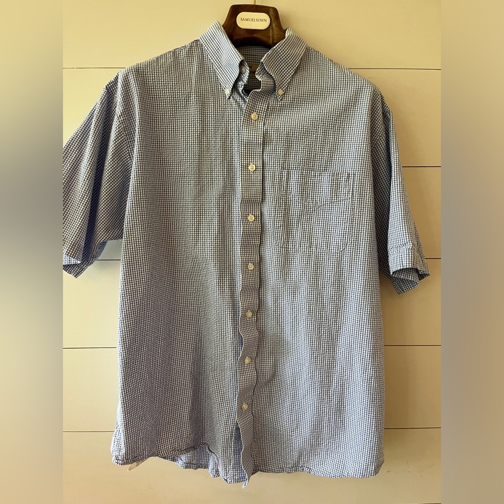 Light blue and white seersucker checked button down shirt. Large.